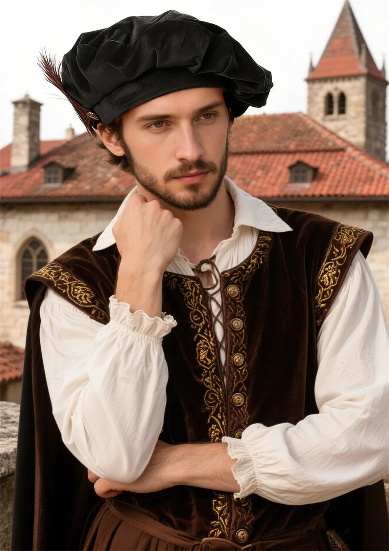 Quality Medieval Unisex Beret Hat With Feather Suede Tudor Hat