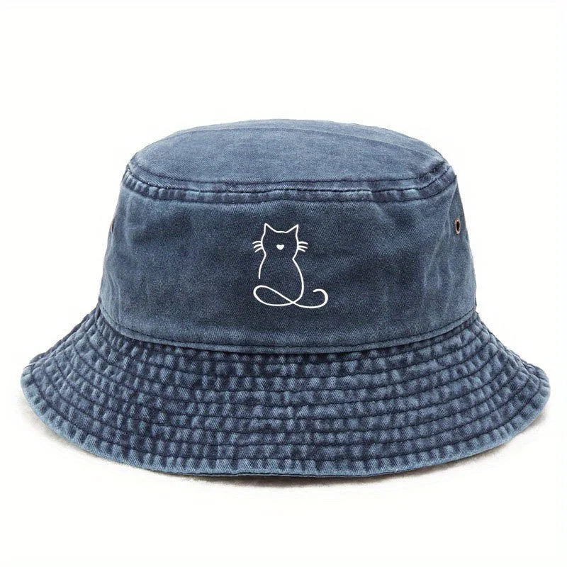Wide Brim Cat Print Bucket Hat