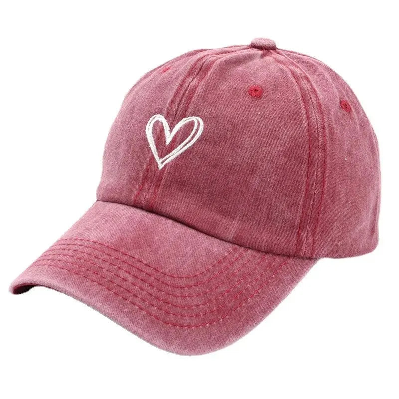 Peach Heart Embroidered Denim Baseball Cap