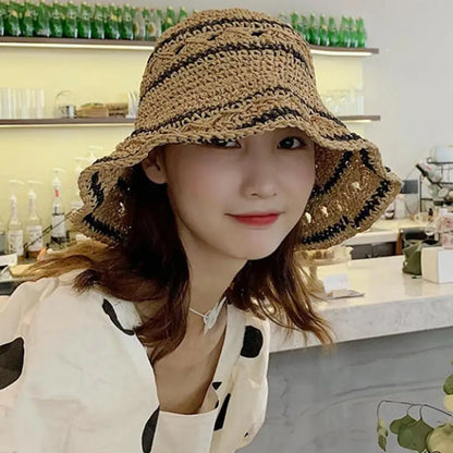 Striped Geometric Straw Bucket Hat
