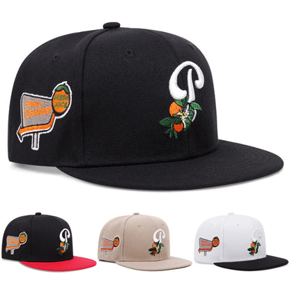P Leaf Fruit Embroidered Flat Brim Snapback Cap