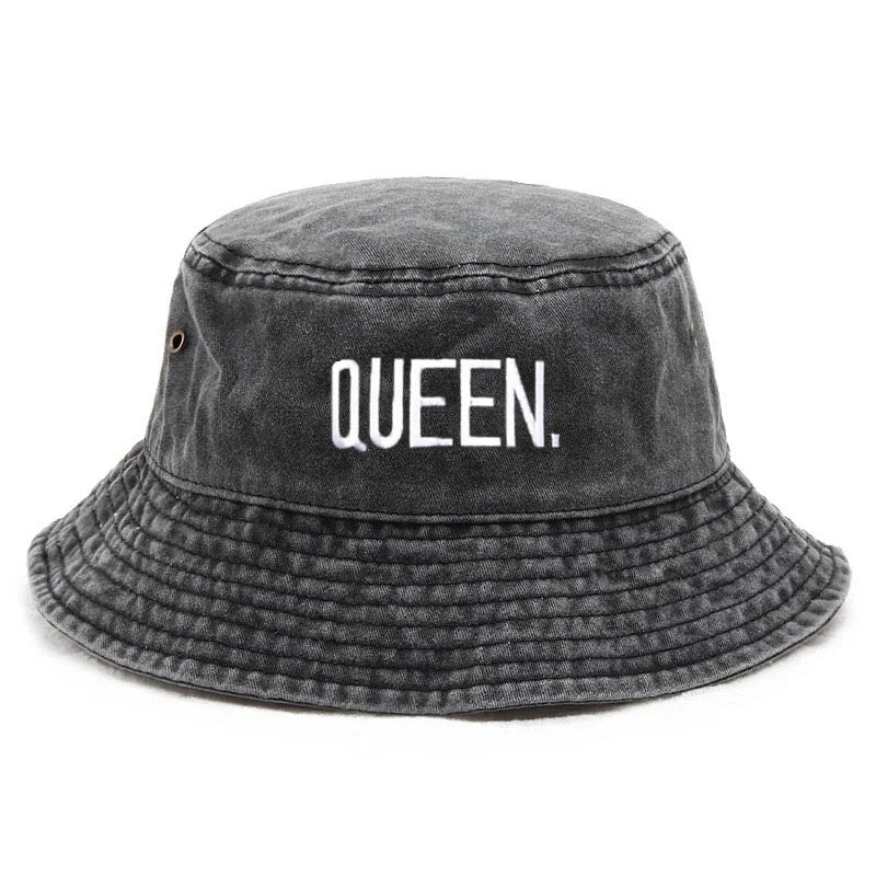 Couple Letter Embroidered Washed Bucket Hat