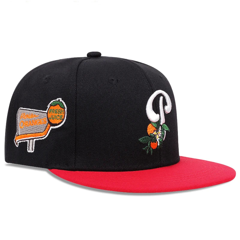P Leaf Fruit Embroidered Flat Brim Snapback Cap