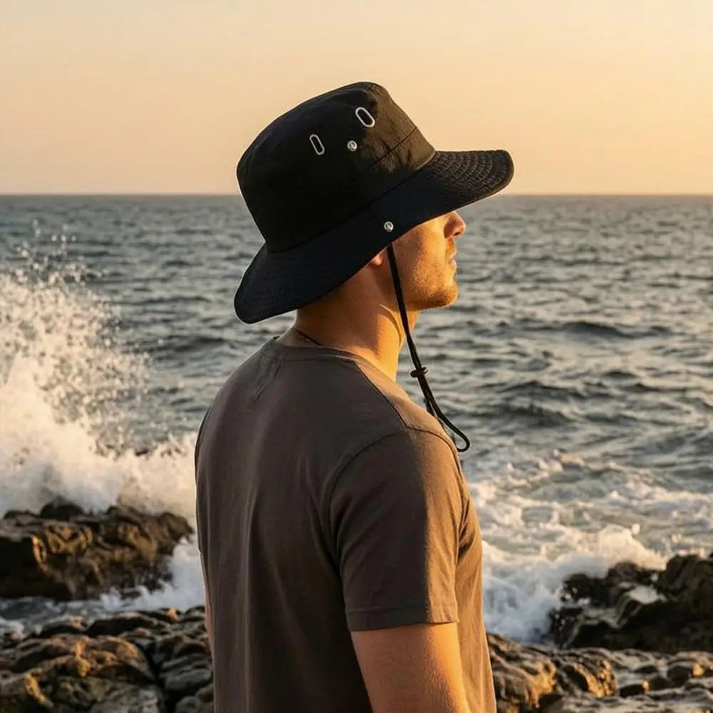 Quick-Dry Wide Brim Bucket Hat With Chin Rope