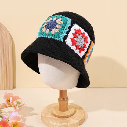 Women Black Geometric Flower Patch Bucket Hat