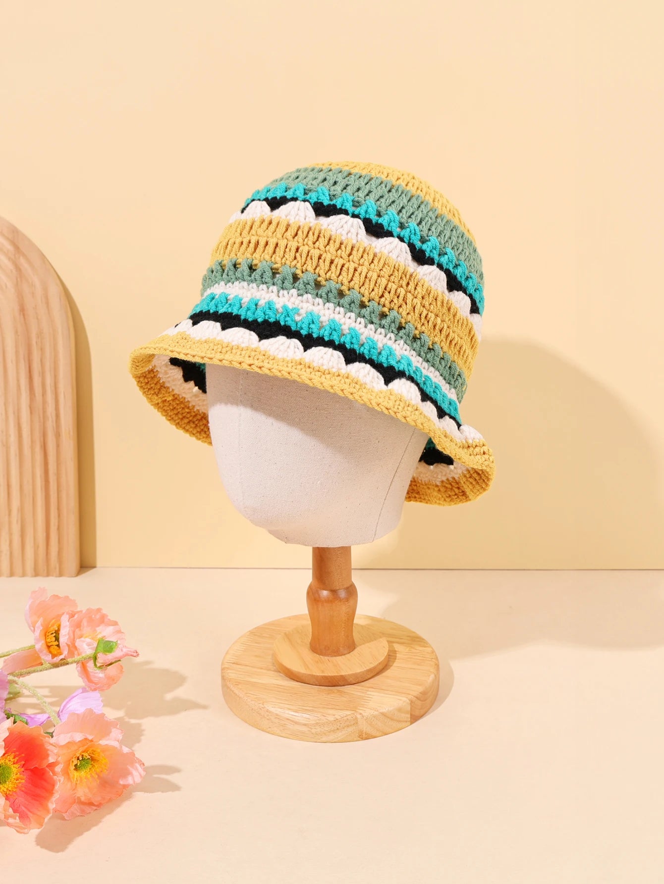 Women Color Block Flower Crochet Fisherman Hat