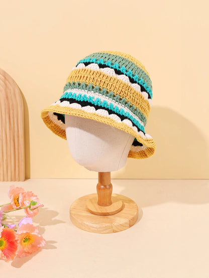 Women Color Block Flower Crochet Fisherman Hat