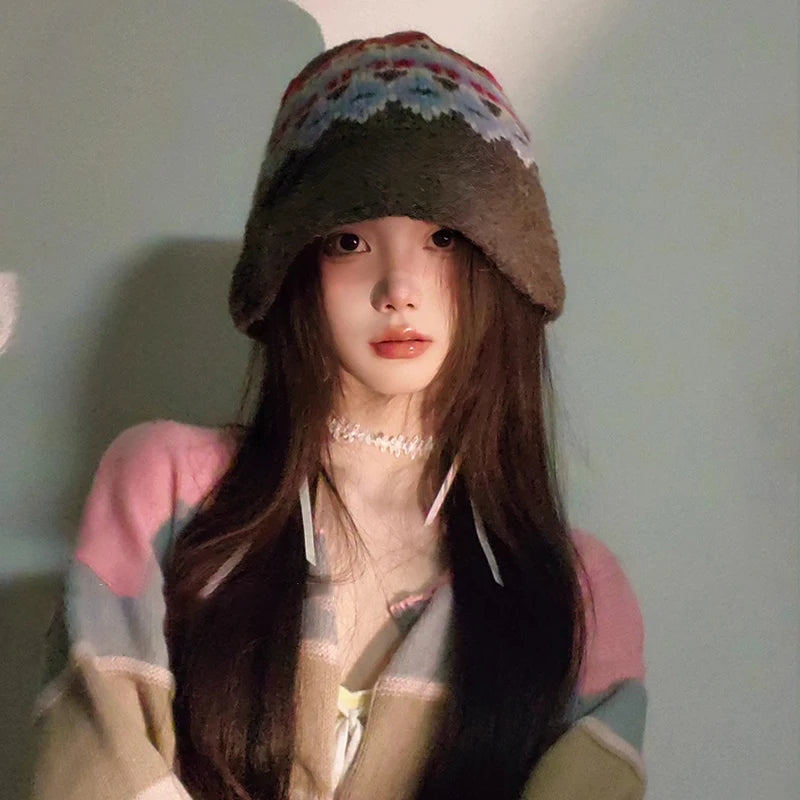 Women Retro Jacquard Knitted Bucket Hat