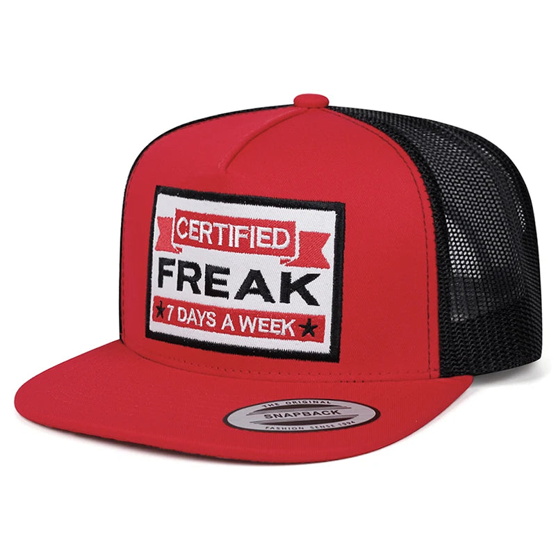 Freak Embroidered Mesh Flat Brim Snapback Cap