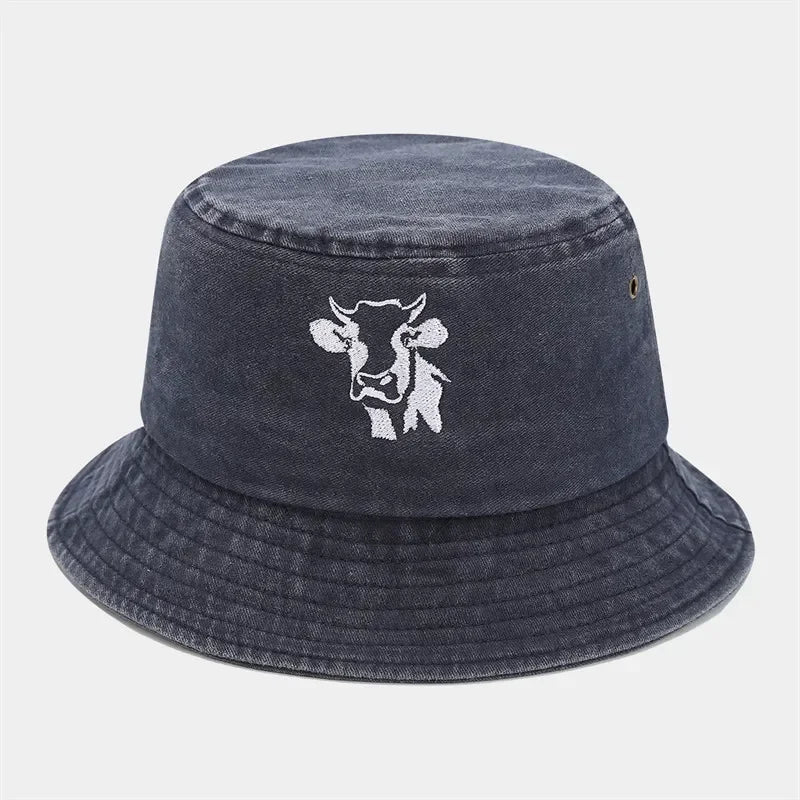 Animal Embroidered Cotton Bucket Hat Outdoor Travel Cap