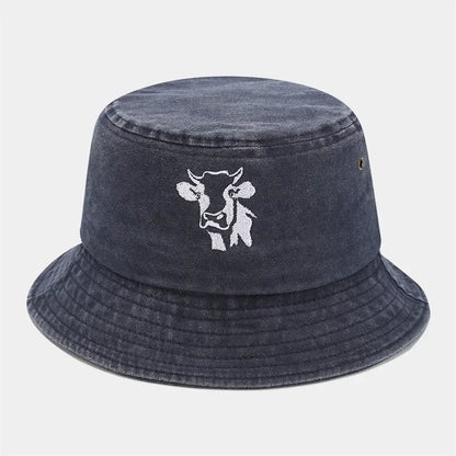 Animal Embroidered Cotton Bucket Hat Outdoor Travel Cap