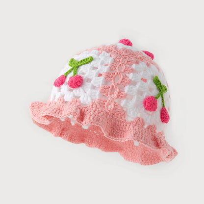 3D Cherry Crochet Ruffled Bucket Hat