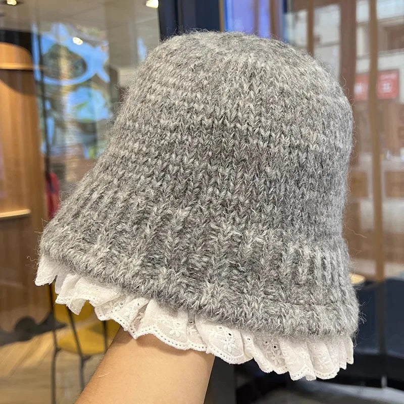 Women Lace Knitted Korean Winter Bucket Hat