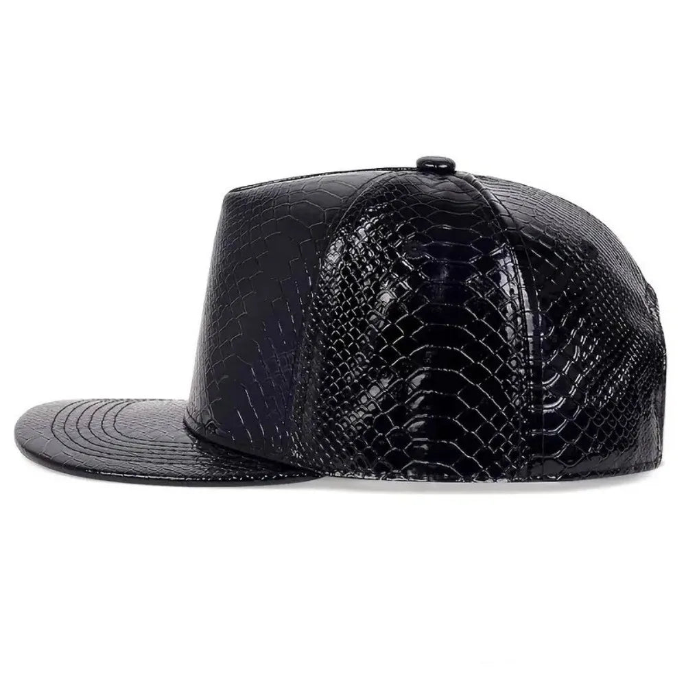 PU Leather Flat Brim Adjustable Hip Hop Snapback Cap