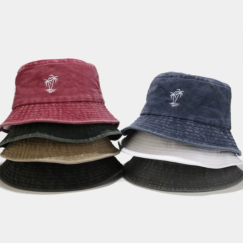 Palm Tree Embroidered Washed Bucket Hat