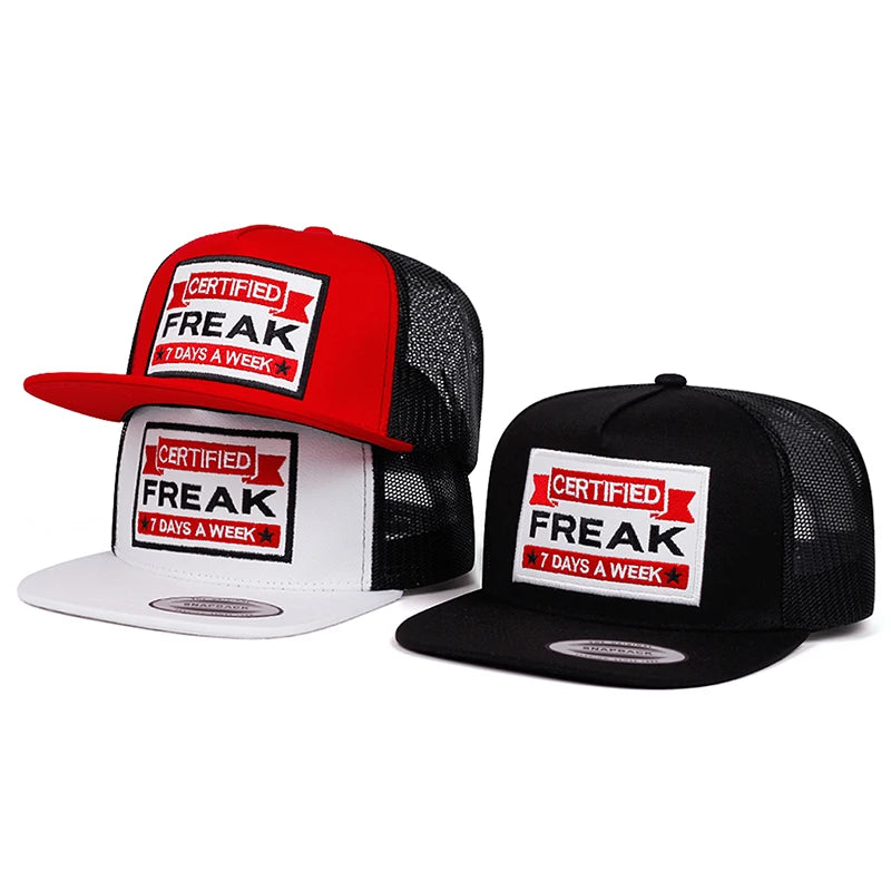 Freak Embroidered Mesh Flat Brim Snapback Cap