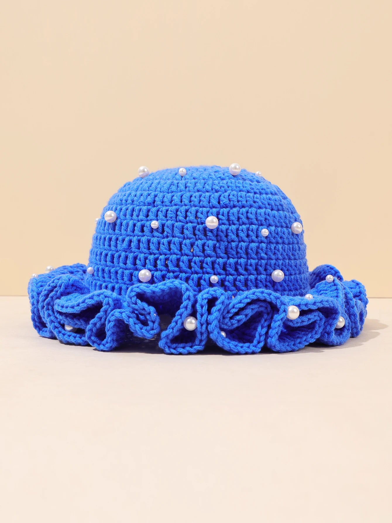 Women Vintage Pearl Crochet Ruffled Bucket Hat