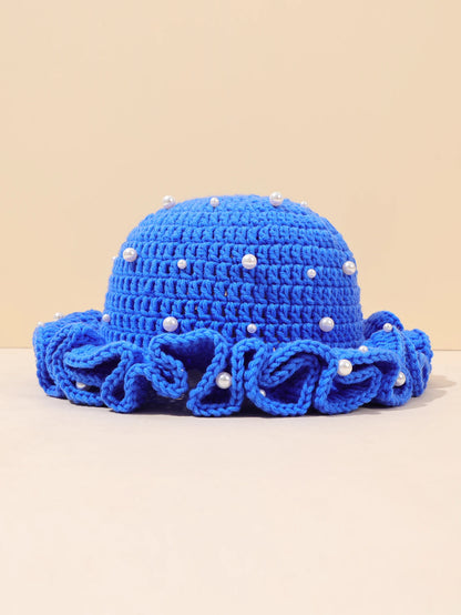 Women Vintage Pearl Crochet Ruffled Bucket Hat