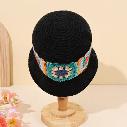 Women Black Geometric Flower Patch Bucket Hat
