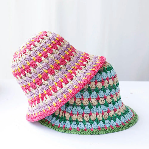 Multicolor Crochet Foldable Straw Bucket Hat