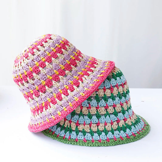Multicolor Crochet Foldable Straw Bucket Hat