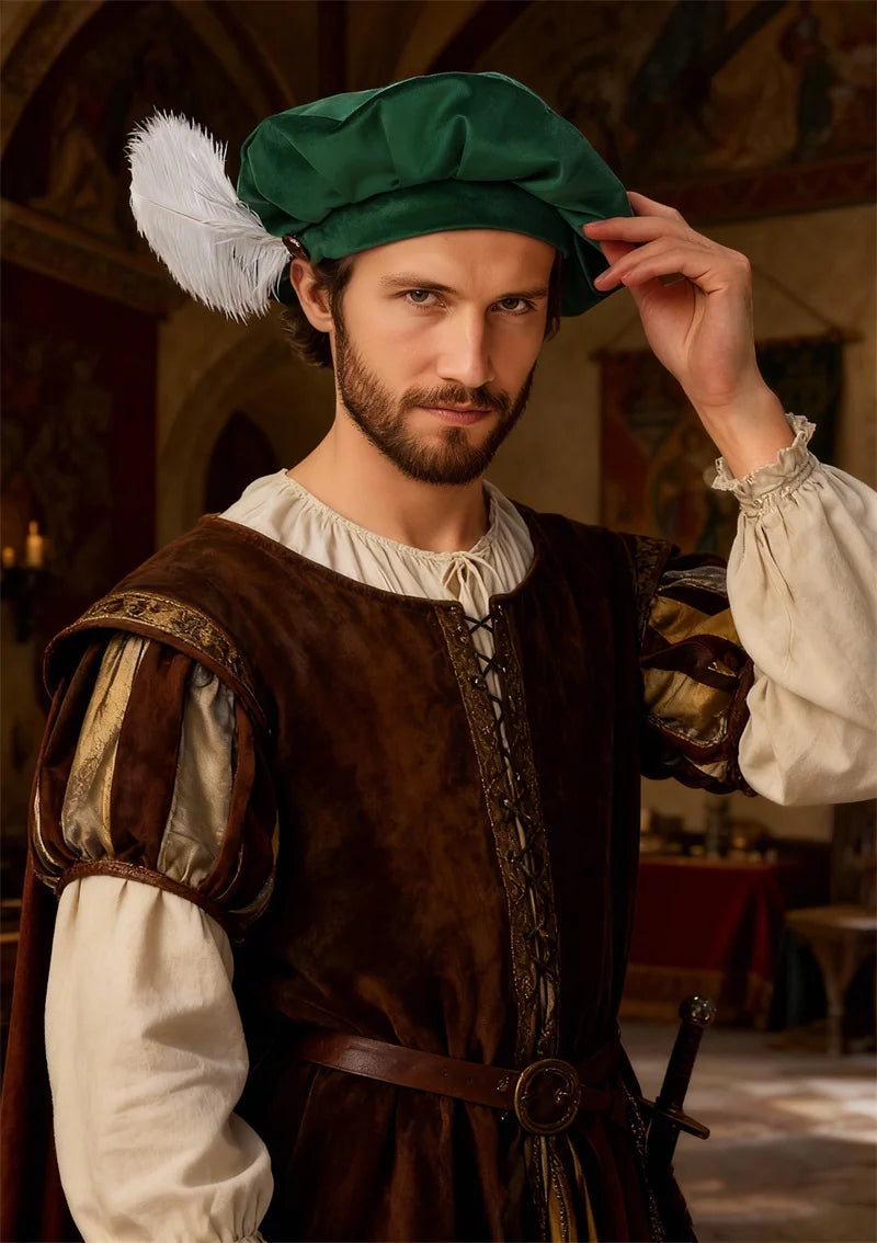 Quality Medieval Unisex Beret Hat With Feather Suede Tudor Hat