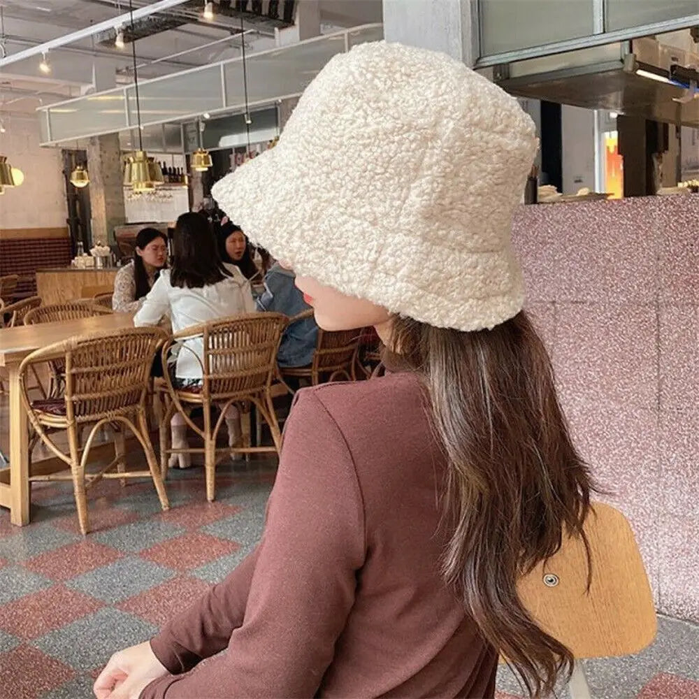 Women Faux Fur Lamb Wool Fisherman Bucket Hat