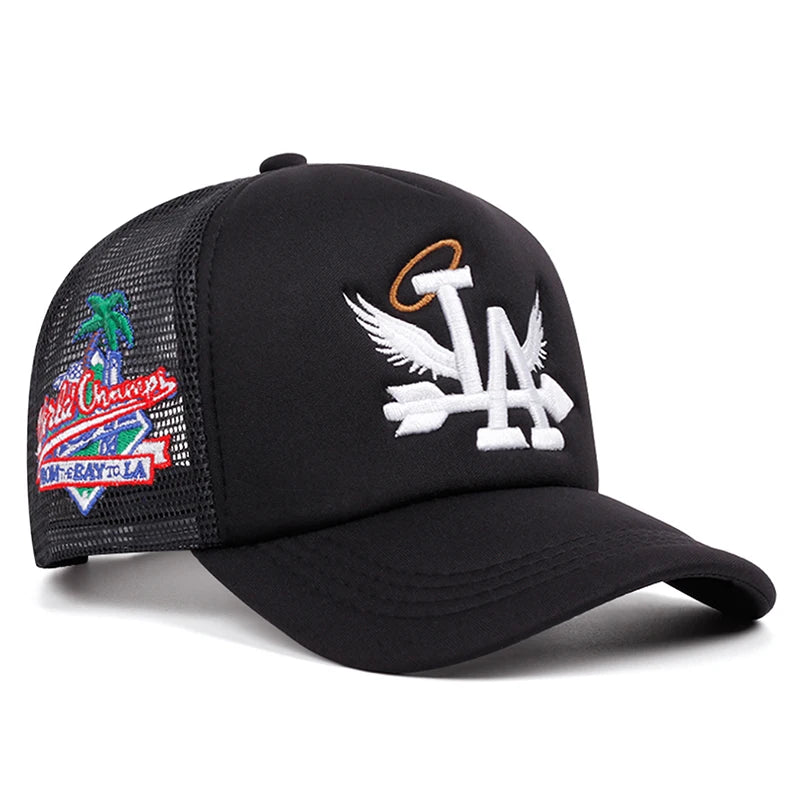 LA Wings Embroidered Flat Brim Mesh Snapback Cap