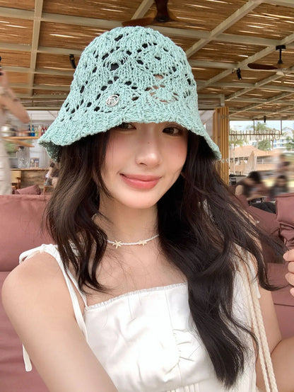 Women Beige Crochet Hollow Knit Bucket Hat