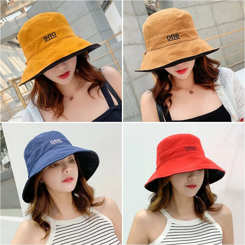 Womens ‘ONE‘ Letter Embroidery Double-Sided Cotton Bucket Hat