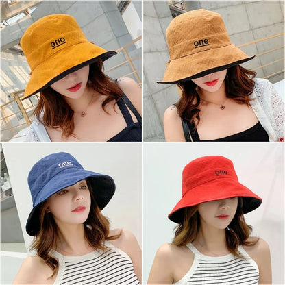 Womens ‘ONE‘ Letter Embroidery Double-Sided Cotton Bucket Hat