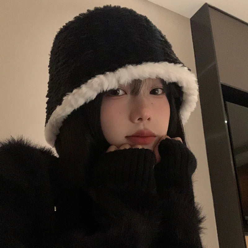Black Plush Bucket Hat For Women Autumn And Winter