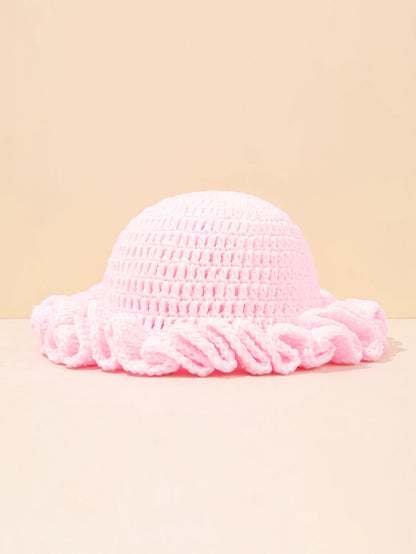 Women Vintage Crochet Black Ruffled Bucket Hat