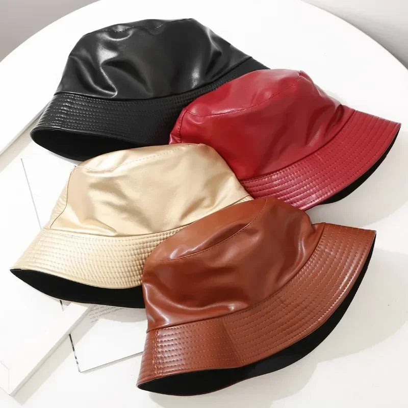 New Autumn Winter Pu Leather Cotton Bucket Hat
