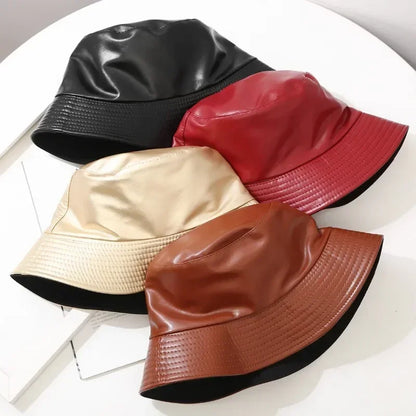 New Autumn Winter Pu Leather Cotton Bucket Hat