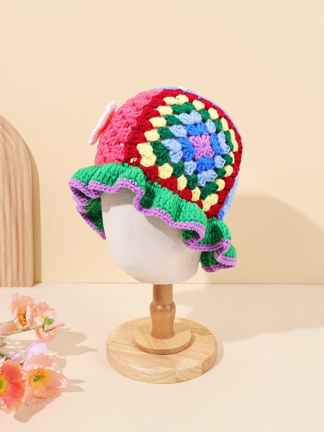 Women Flower Wool Hollow Knitted Fisherman Hat