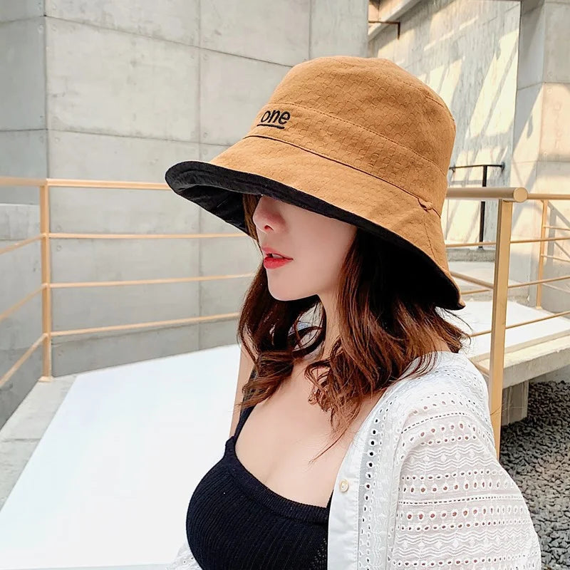 Womens ‘ONE‘ Letter Embroidery Double-Sided Cotton Bucket Hat