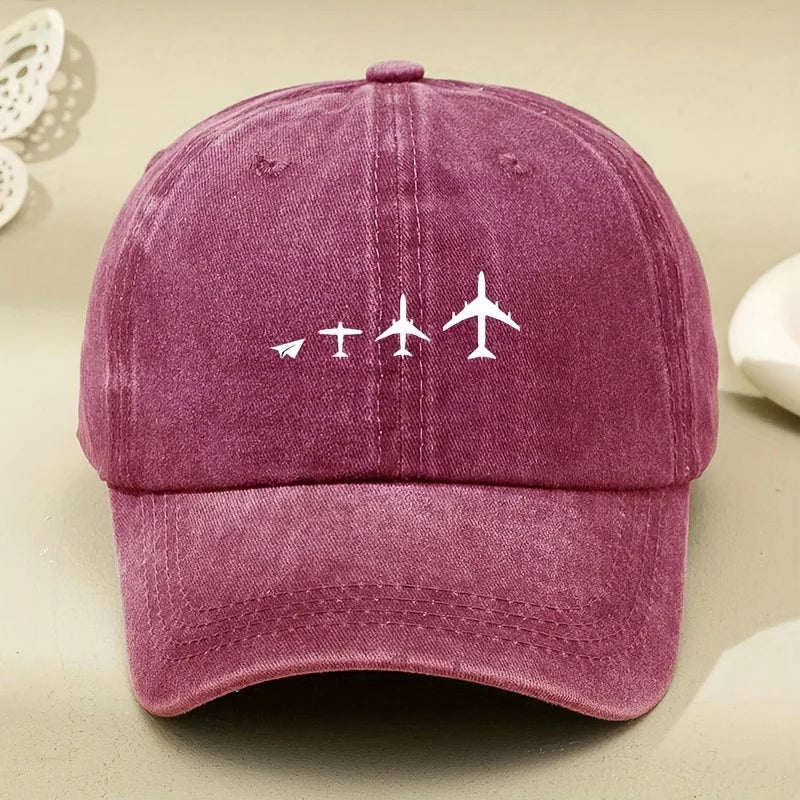 Retro Airplane Print Washed Baseball Cap Adjustable