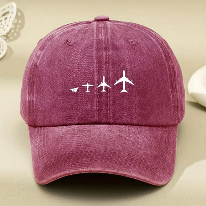 Retro Airplane Print Washed Baseball Cap Adjustable