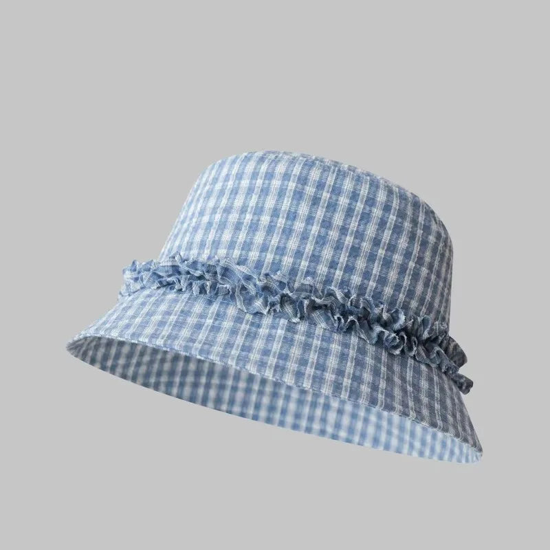 Women Plaid Lace Wide Brim Bucket Hat