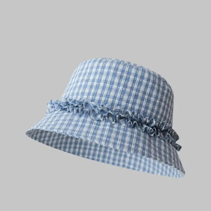 Women Plaid Lace Wide Brim Bucket Hat
