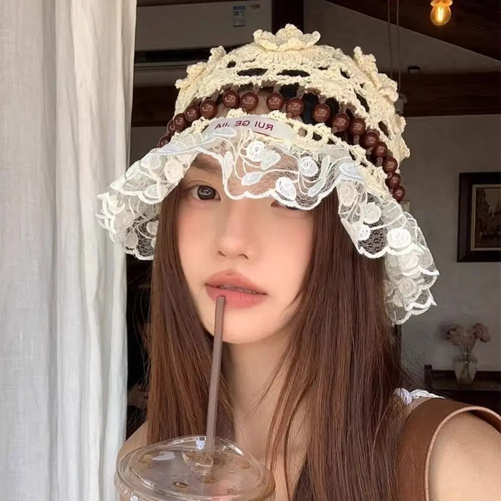 Retro Beaded Crochet Ruffle Bucket Hat