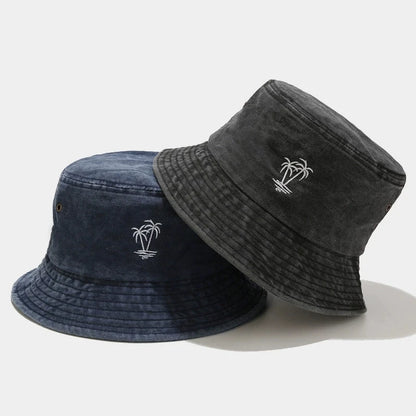 Palm Tree Embroidered Washed Bucket Hat
