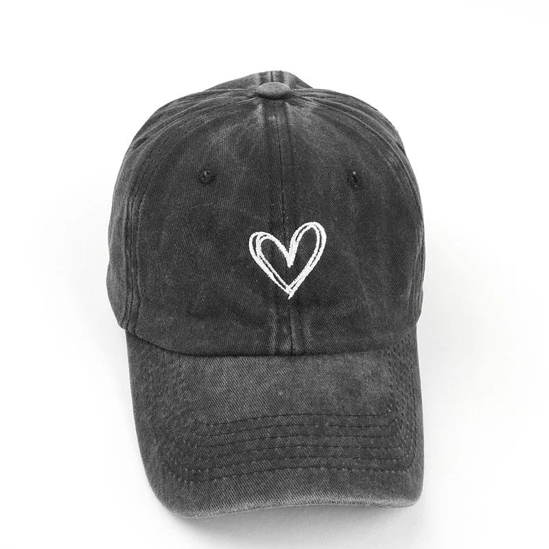 Summer Women Baseball Cap Peach Heart Embroidered Wash Denim