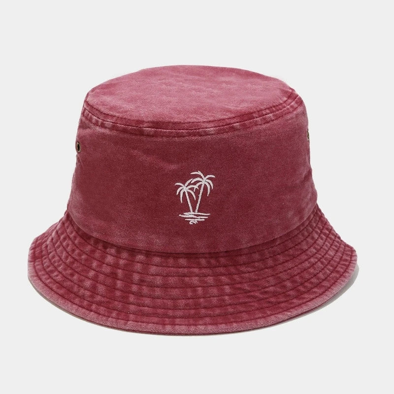 Palm Tree Embroidered Washed Bucket Hat
