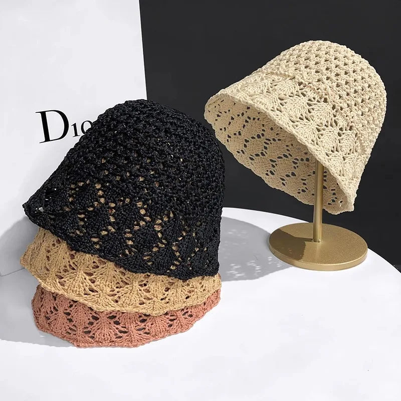 Women Breathable Crochet Straw Sun Bucket Hat