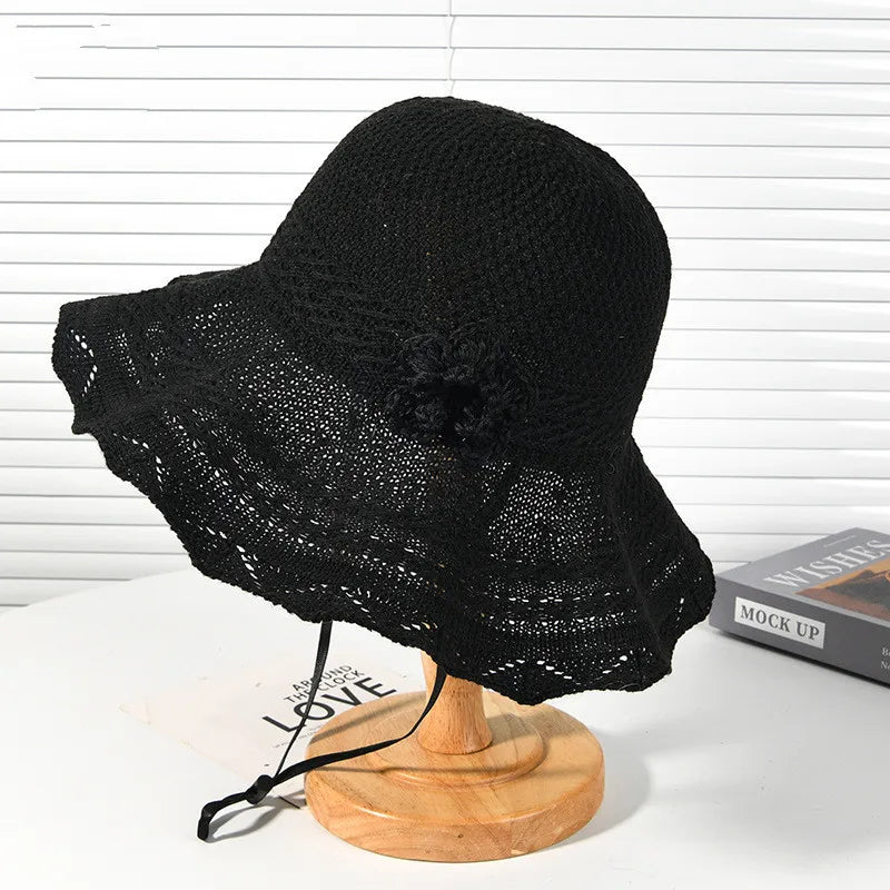 Women Elegant Flower Knitted Wide Brim Bucket Hat