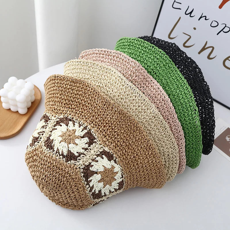 Women Foldable Straw Crochet Flower Bucket Hat
