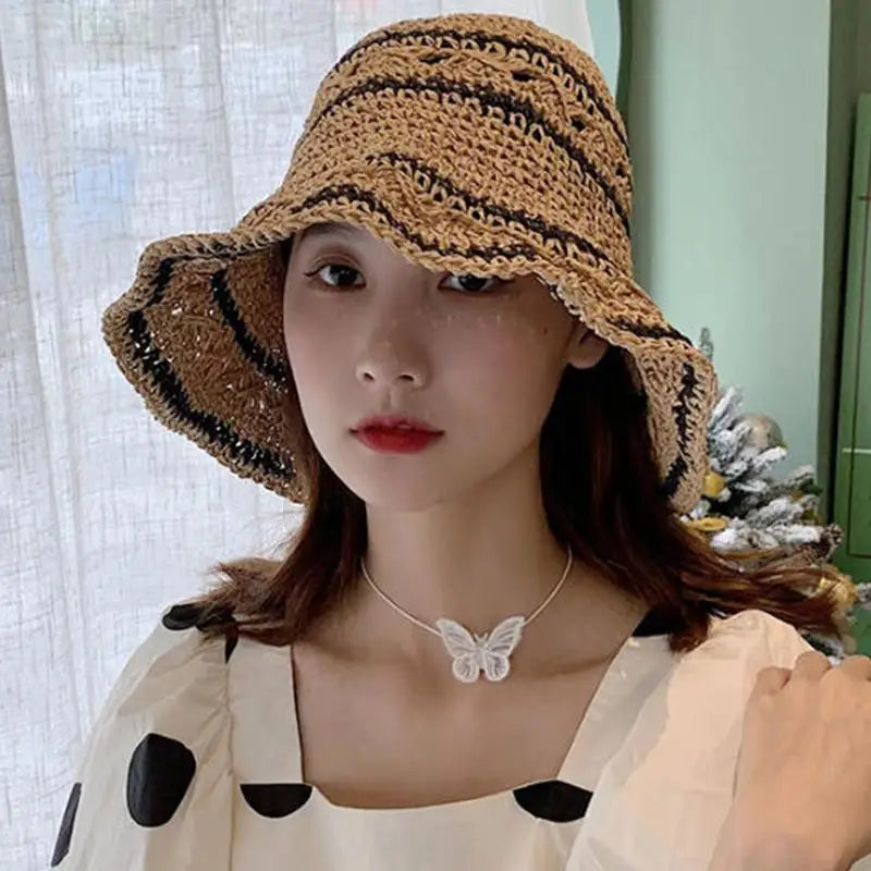 Striped Geometric Straw Bucket Hat