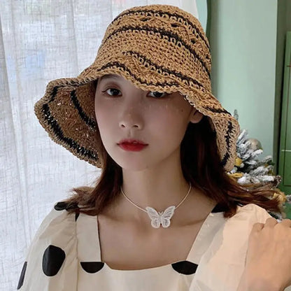 Striped Geometric Straw Bucket Hat